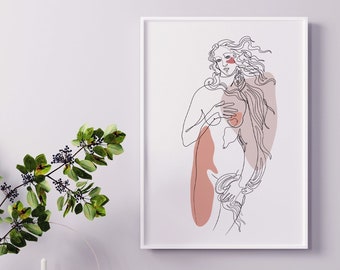 Birth of Venus Line Drawing – Instant Download, Greek Goddess One‑Line Art Print, Minimal Boho Wall Decor
