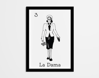 La Dama Mexican Loteria Art Print, Black & White Bingo Card (Digital Download)