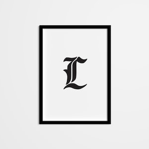 Alphabet Letter L Monogram Initial Wall Art, Minimalist Typography Wall Decor, Blackletter Initial Poster Print
