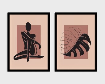 Conjunto de arte mural de Matisse: Mujer abstracta, arte lineal con hojas (descarga digital)