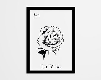 La Rosa Mexican Loteria Art Print, Skull Rose Bingo Card (Digital Download)