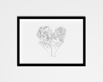 Abstract Heart Roses Print, Minimalist Scandinavian Wall Art (Digital Download)