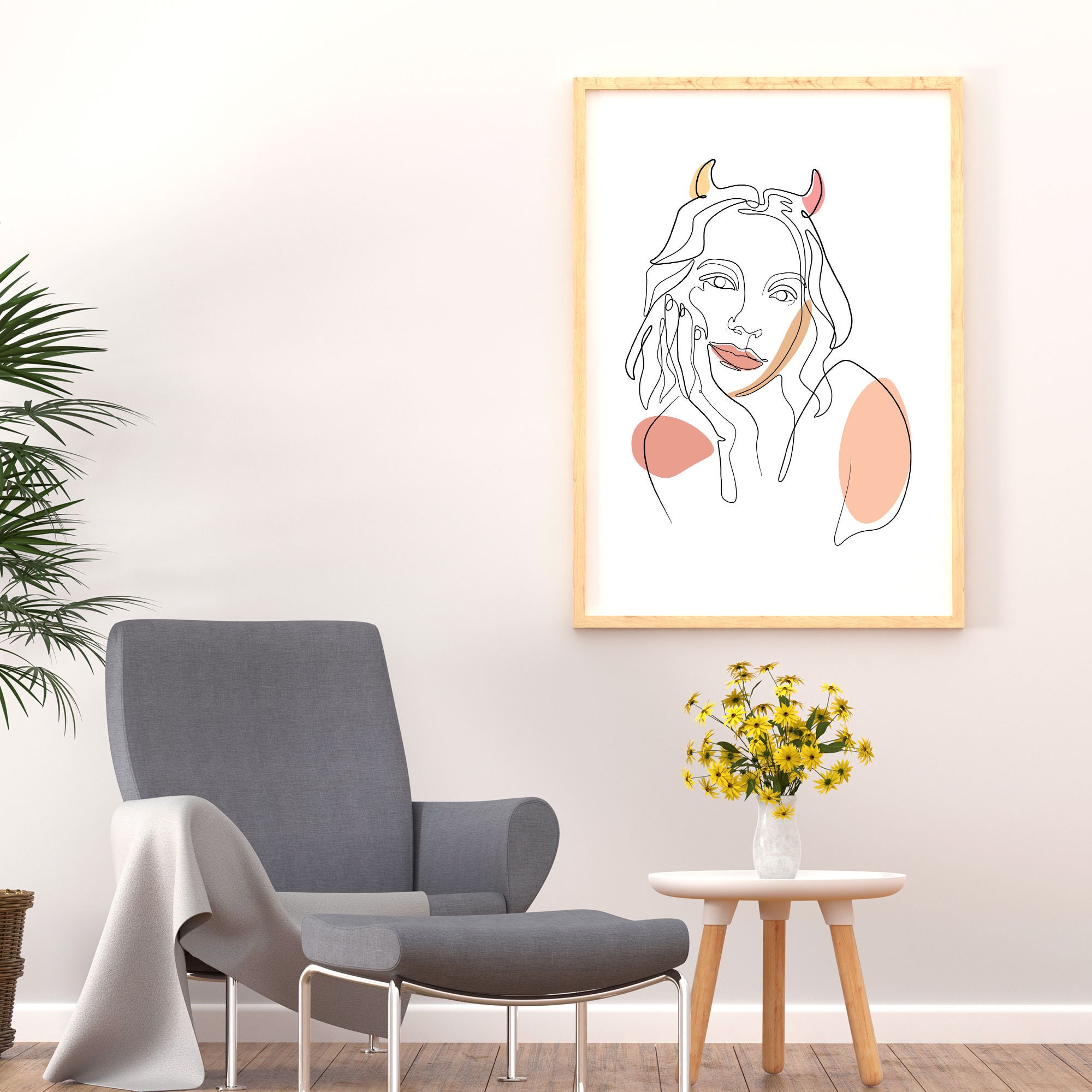 Minimalist Devil Woman Line Art Print, Scandinavian Home Decor (digital ...