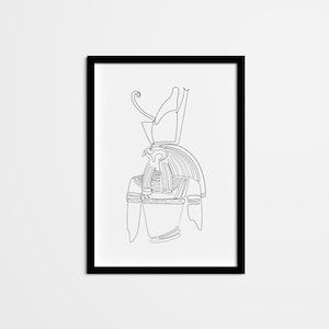 May include: Line art drawing of the Egyptian god Horus, depicted as a falcon-headed man wearing a double crown. The drawing is in black and white and is framed in a black frame.