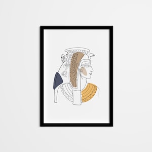 May include: Line art print of an Egyptian queen wearing a headdress with a bird on top. The queen is wearing a gold necklace and has a blue and brown color scheme.