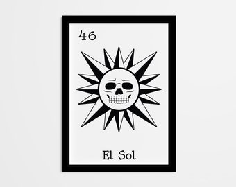 El Sol Mexican Bingo Art Print, Black and White Loteria Decor (Digital Download)