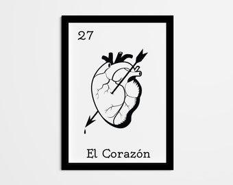 Decoración de pared abstracta de bingo mexicano El Corazón, decoración del hogar de lotería mexicana, arte de pared en blanco y negro para sala de estar, dormitorio, cocina, oficina