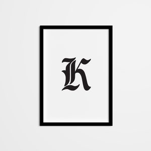 Alphabet Letter K Monogram Initial Wall Art, Minimalist Typography Wall Decor, Blackletter Initial Poster Print