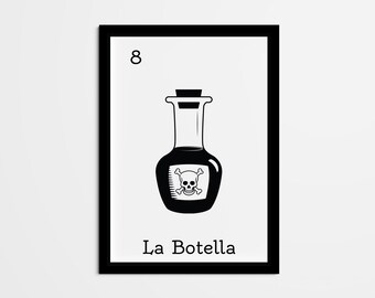 La Botella Mexican Loteria Art Print, Black and White (Digital Download)