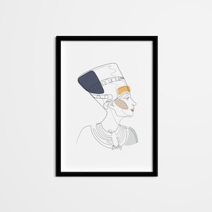 May include: Line art drawing of a woman wearing a blue and white headdress with a yellow accent. The woman is wearing a necklace and is looking to the right.