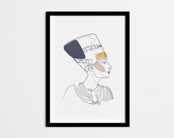 Abstract Nefertiti Queen Line Drawing, Ancient Egypt Minimal One Line Wall Art, Neutral Poster Art and home decor for home office