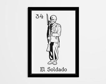 El Soldado Mexican Loteria Art Print, Black and White (Digital Download)
