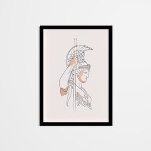 May include: Line art print of a woman wearing a helmet with a single line drawing of her body and a spear. The print is in black and white with a peach colored accent.