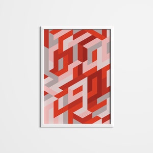 May include: Abstract geometric pattern in shades of red, pink, and gray. The pattern is made up of overlapping squares and rectangles, creating a sense of depth and movement.