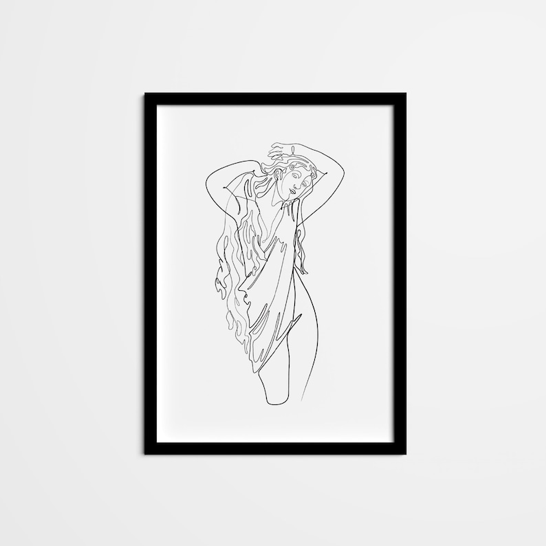 May include: A black and white line drawing of a woman with long hair, wearing a flowing garment. The drawing is framed in a black frame.