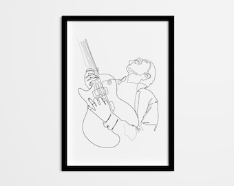 Impresión de dibujo lineal de guitarrista, póster abstracto de músico (descarga digital)