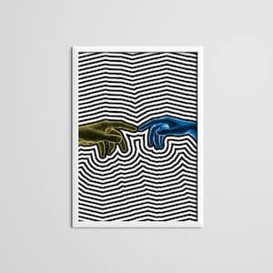 May include: Two hands reaching towards each other, one yellow and one blue, against a black and white striped background.