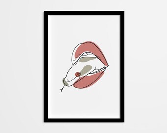 Serpent Tongue Line Art Print, Minimalist Snake Mouth Drawing (Digital Download)