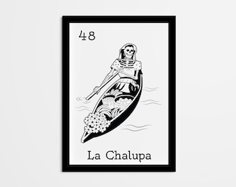 Impresión artística de la lotería mexicana La Chalupa, decoración en blanco y negro (descarga digital)