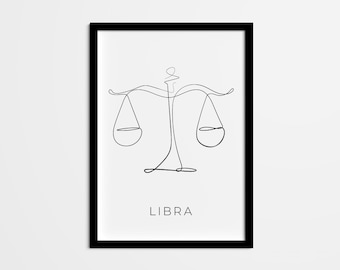 Könnte beinhalten: Eine Schwarzweiß-Linienzeichnung eines Libra-Sternzeichen-Symbols, einer Waage mit zwei Schalen, in einem schwarzen Rahmen. Das Wort "LIBRA" steht unter dem Symbol.