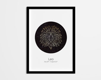 Lámina artística del zodiaco Leo, signo geométrico del león, decoración astrológica (descarga digital)