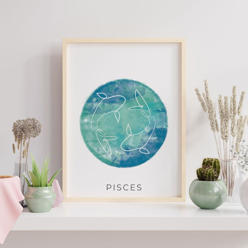 Abstract Pisces Zodiac Line Art Print, Horoscope Wall Decor (digital ...