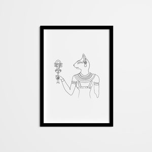 Abstract Bastet Line Drawing, Ancient Egypt Goddess Minimal One Line Wall Art, Black & White Poster Art and home decor home office