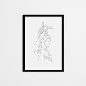 May include: Line art drawing of a woman wearing a helmet and holding a spear. The drawing is in black and white and is framed in a black frame.