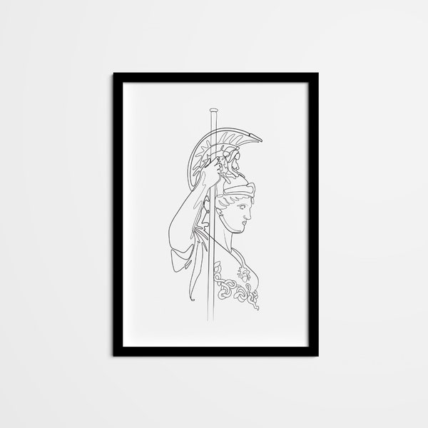 Abstract Athena Line Drawing, Greek Goddess Mythology Minimal One Line Wall Art, Black & White Home Decor for bedroom living room kitchen