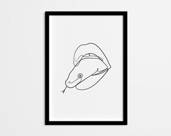 Serpent Line Art Print, Minimalist Mouth, Black and White (Digital Download)