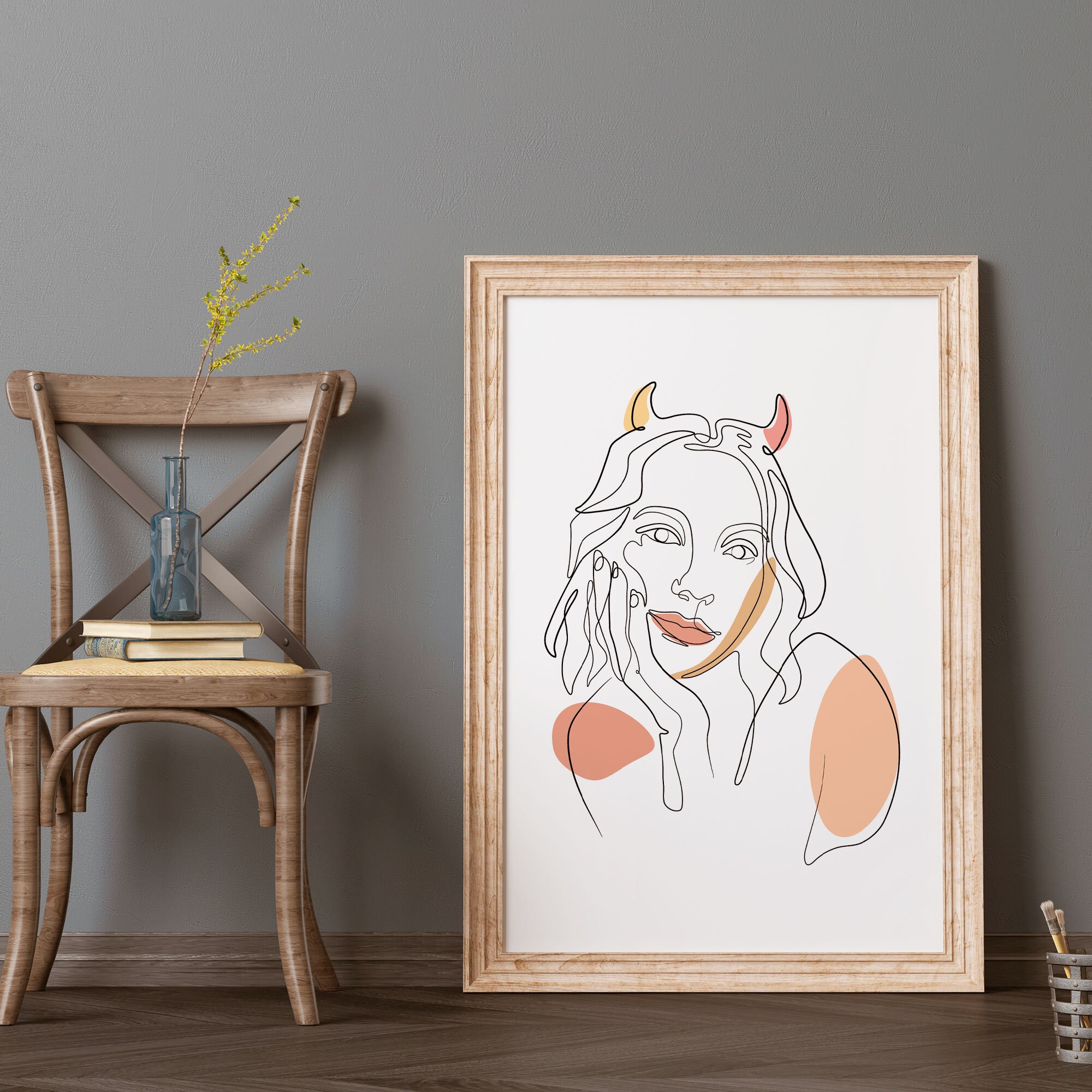 Abstract Devil Woman Line Drawing, Minimalist Wiccan Wall Art ...