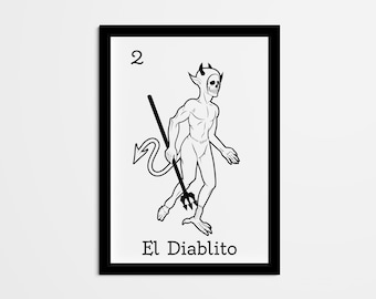 El Diablito Mexicaanse loteria kunstafdruk, zwart-wit decor (digitale download)