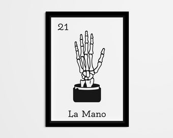 La Mano Mexican Loteria Art Print, Black and White Bingo Decor (Digital Download)