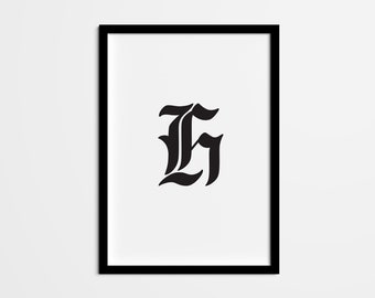 Letter H Blackletter Print, Minimalist Monogram (Digital Download)