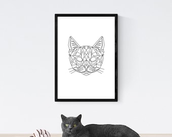 Geometric Cat Art Print, Modern Feline Poster (Digital Download)
