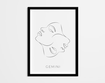 Dibujo lineal abstracto de Géminis, arte mural del horóscopo, arte mural imprimible del signo del zodíaco, póster de astrología para dormitorio, cocina y oficina.