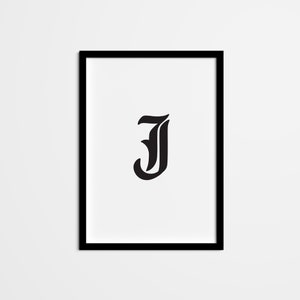 Alphabet Letter J Monogram Initial Wall Art, Minimalist Typography Wall Decor, Blackletter Initial Poster Print