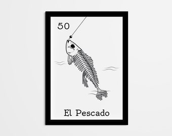 El Pescado Mexican Loteria Art Print, Black and White (Digital Download)