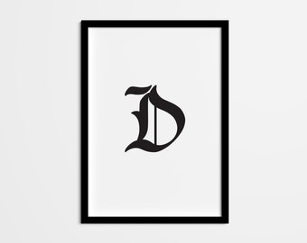 Blackletter Letter D Print, Minimalist Monogram Art (Digital Download)
