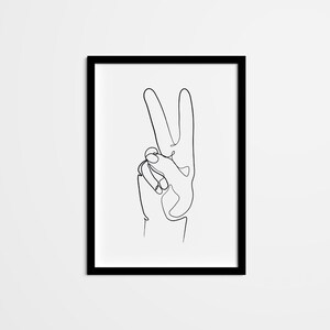 Abstract Peace Hand Sign Line Drawing Wall Art, One Line Minimalist Wall Decor, Black and White Line Printable Poster for bedroom, kitchen