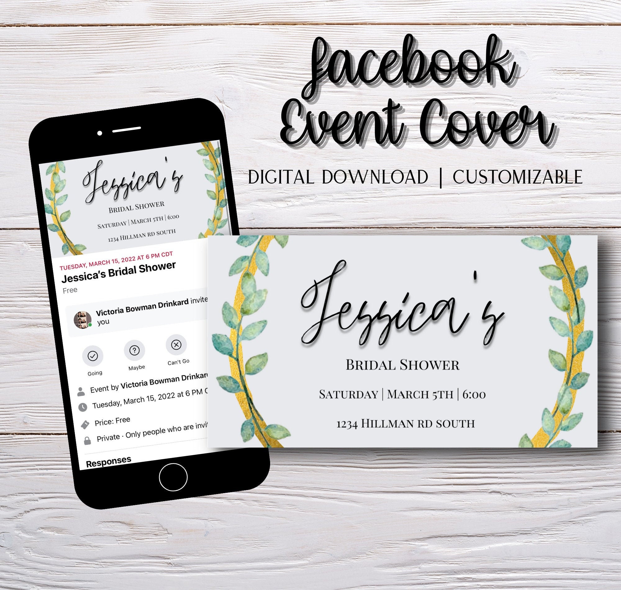 Bridal Shower Facebook Event Cover Photo Floral Greenery Etsy