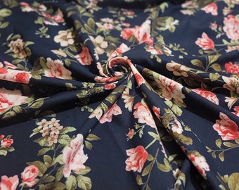 Navy blue rayon challis floral print 58/60 inches wide Sold by the yard