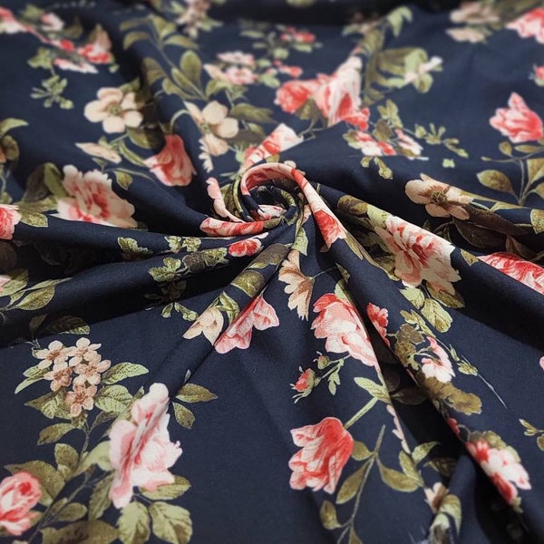 Navy blue rayon challis floral print 58/60 inches wide Sold by the yard