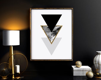 Marble Triangles Geometric Print - Black White and Gold, Printable Minimalist Wall Art, Chic Chevron Decor, Downloadable Art Print