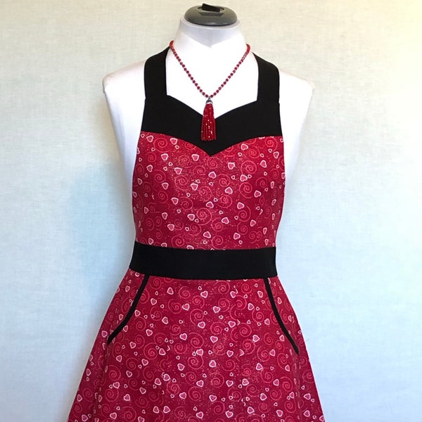 Red Hearts and Swirls - Valentine Apron for all Year - Sweetheart Neckline - Figure Flattering Red Apron