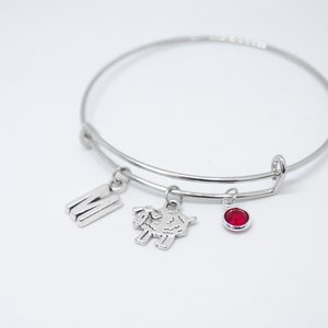 Könnte beinhalten: Silberfarbenes Armreif-Armband mit drei Anhängern: dem Buchstaben "M", einem Schaf und einem roten Edelstein. Das Armband liegt auf weißem Hintergrund.