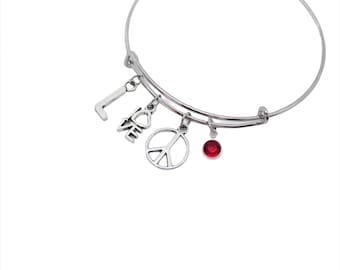 Peace sign initial bracelet Peace sign jewelry Peace sign bangle Earthy bracelet Lgbt bracelet Hippie Bangle Bracelet Peace Themed gift