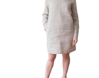 Beige linen dress for women Linen women dress linen casual dress linen summer dress Pure linen Midi dress Natural linen Dress long sleeves