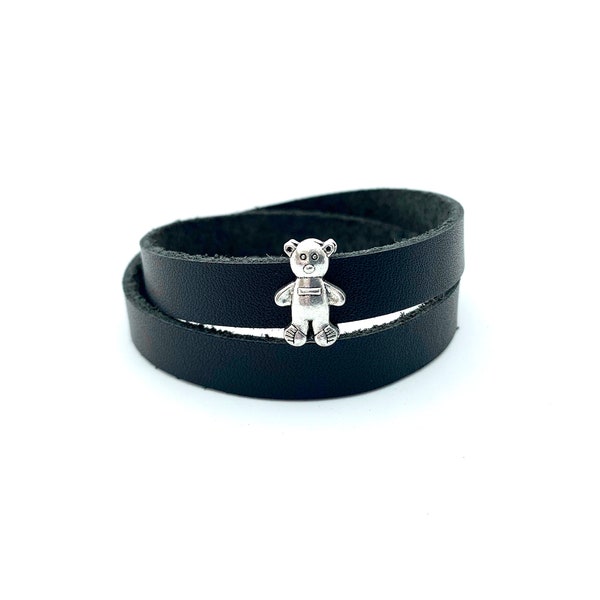 Pulsera de cuero de oso de peluche Pulsera doble Pulsera unisex de estilo minimalista Pulsera envolvente Joyería de cuero Pulsera de osito de peluche personalizada