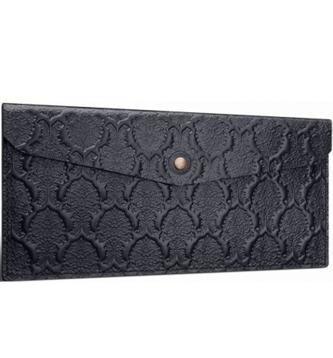 Black Leather Envelope Damask Case For: Passport Documents Cards and ...